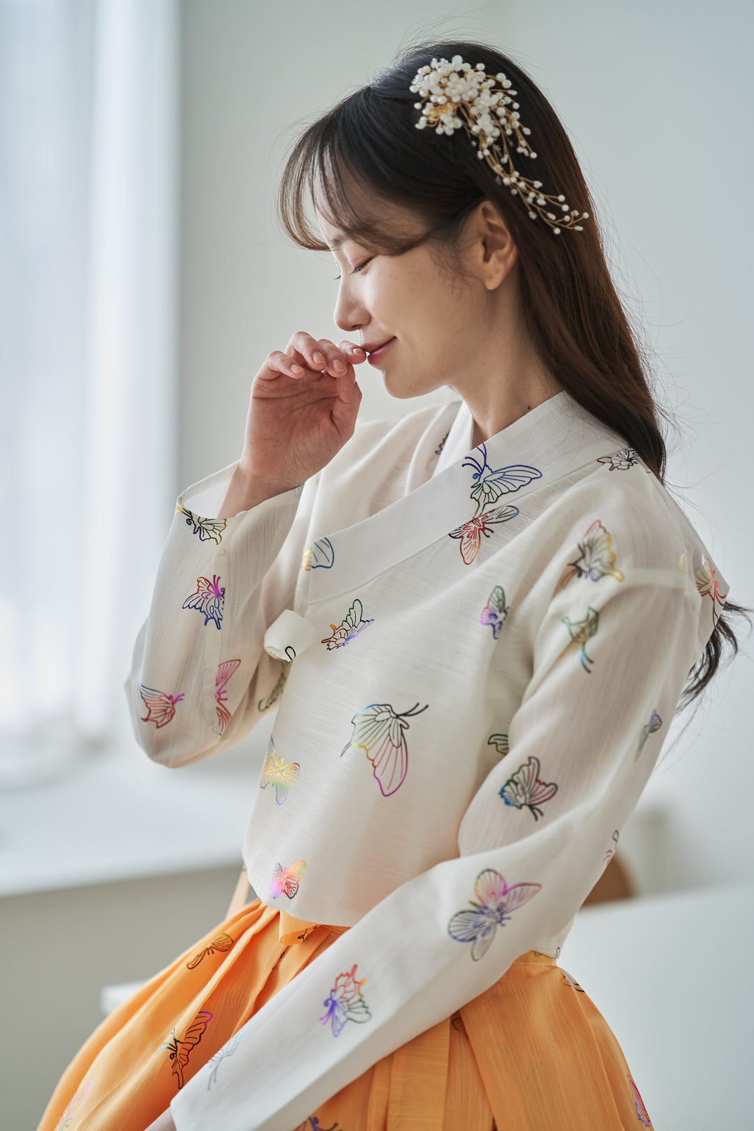 Korean Modern Daily Hanbok Casual Modernized Party Celebration Top Jeogori Butterfly Print SSN105