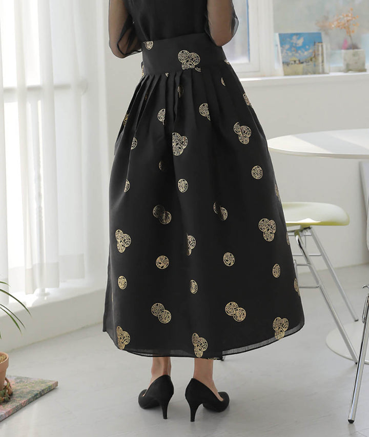 Korean Modern Daily Hanbok Skirt Black Gold Print Casual Modernized Party Celebration SSN010