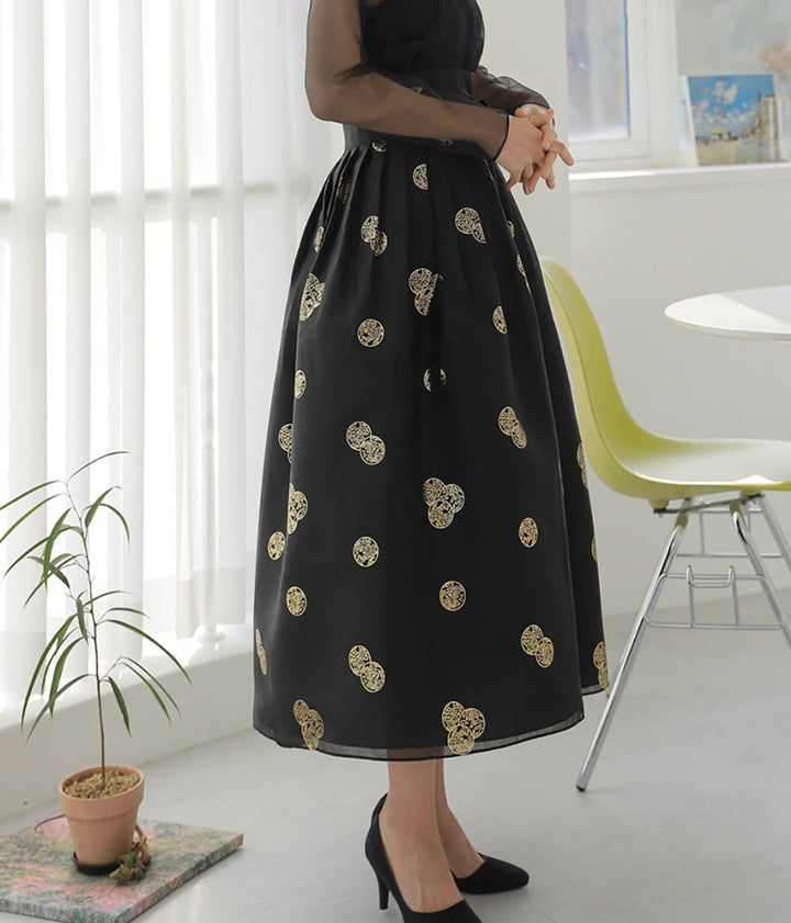 Korean Modern Daily Hanbok Skirt Black Gold Print Casual Modernized Party Celebration SSN010