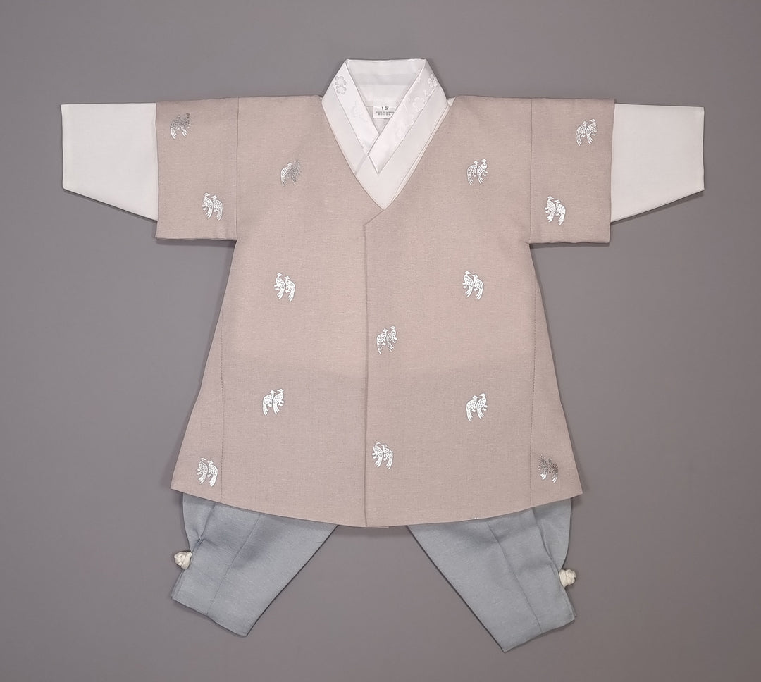 Korean Traditional Boy Baby Hanbok Dol Baikil Party Celebration 100th-10 Ages Beige Bird Silver Print HGB113