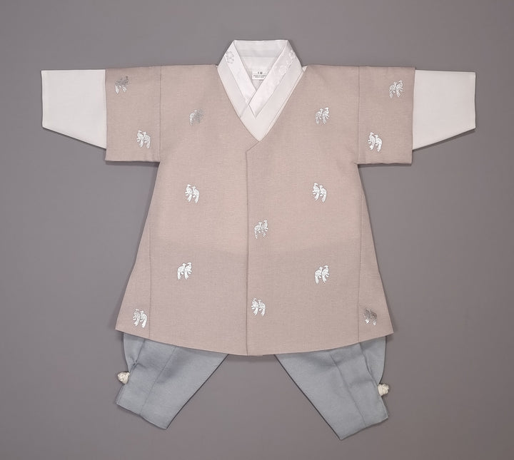 Korean Traditional Boy Baby Hanbok Dol Baikil Party Celebration 100th-10 Ages Beige Bird Silver Print HGB113