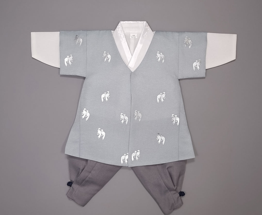 Korean Traditional Boy Baby Hanbok Dol Baikil Party Celebration 100th-10 Ages Blue Bird Silver Print HGB115