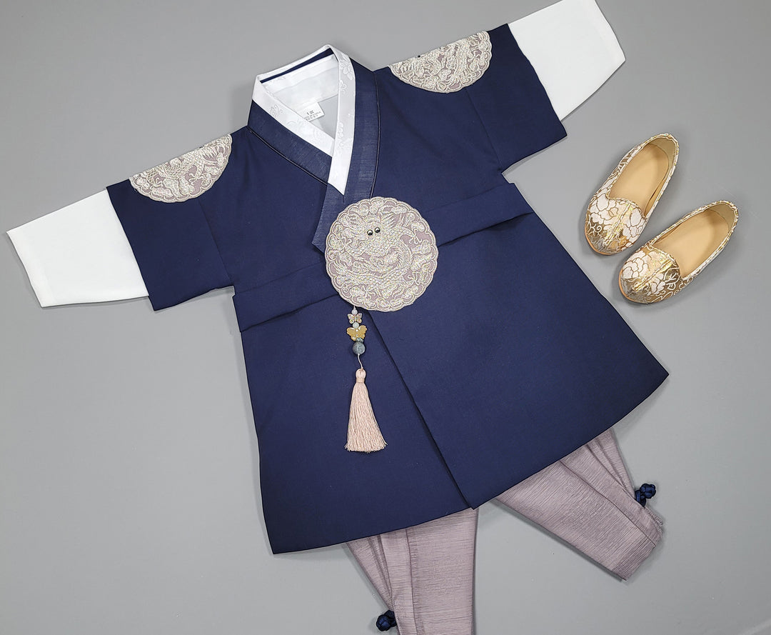 Korean Traditioanl Boy Baby Hanbok Dol Baikil Party Celebration 100th-8 Ages Navy Kings Design