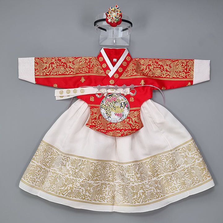 Hanbok Dress Girl Baby Korea Traditional Clothing Set First Birthday Celebration Party Celebration 1–8 Years Red Fancy Gold Print OS207