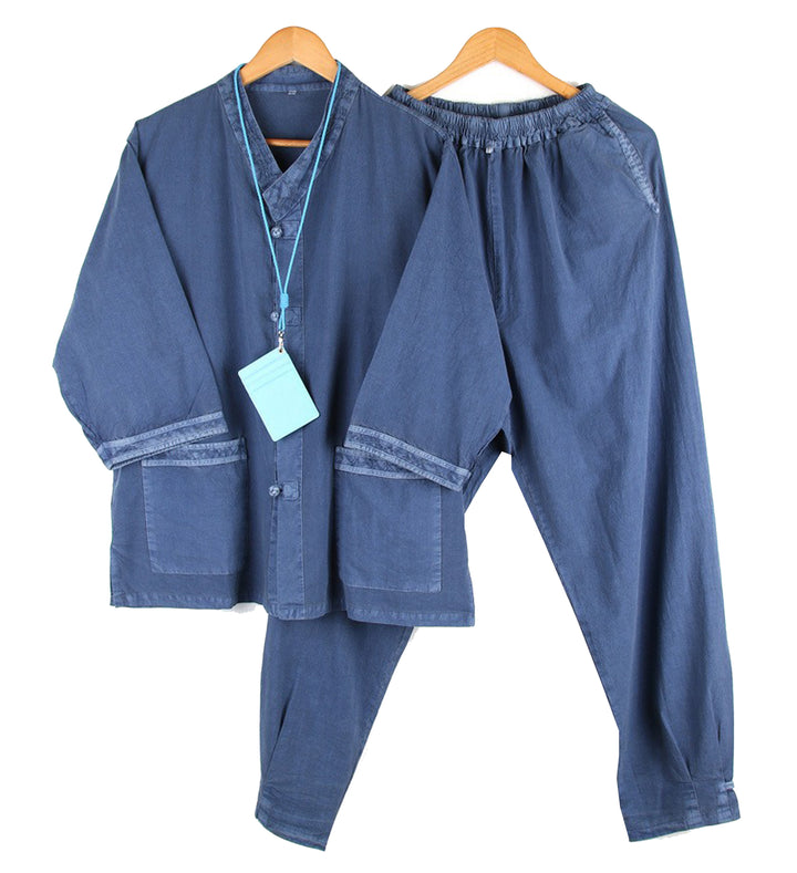 Korean Hanbok Washed Cotton Common Use Man Woman Casual Daily Clothing V Neck Open 3/4 Sleeve Jacket Pants Set JH108