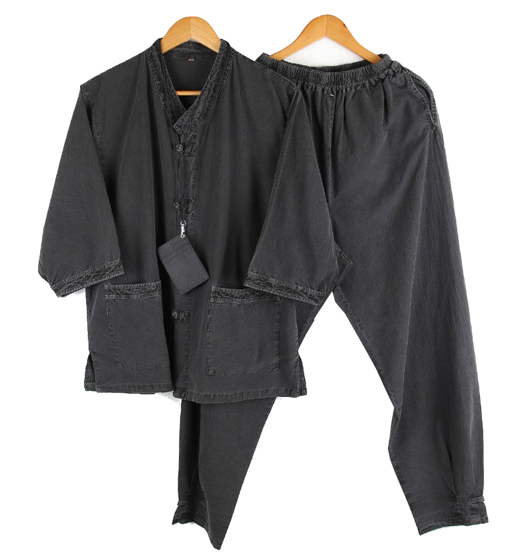 Korean Hanbok Washed Cotton Common Use Man Woman Casual Daily Clothing V Neck Open 3/4 Sleeve Jacket Pants Set JH108