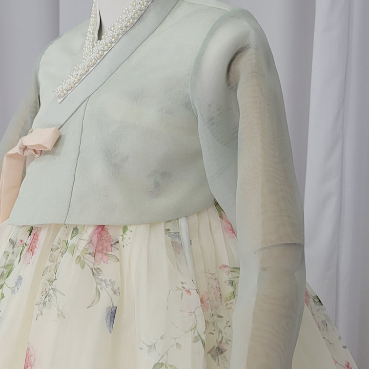 Woman Hanbok Dress Korea Traditional clothes Set Wedding Ceremony Birthday Custom-Made Mint See-through OSW902