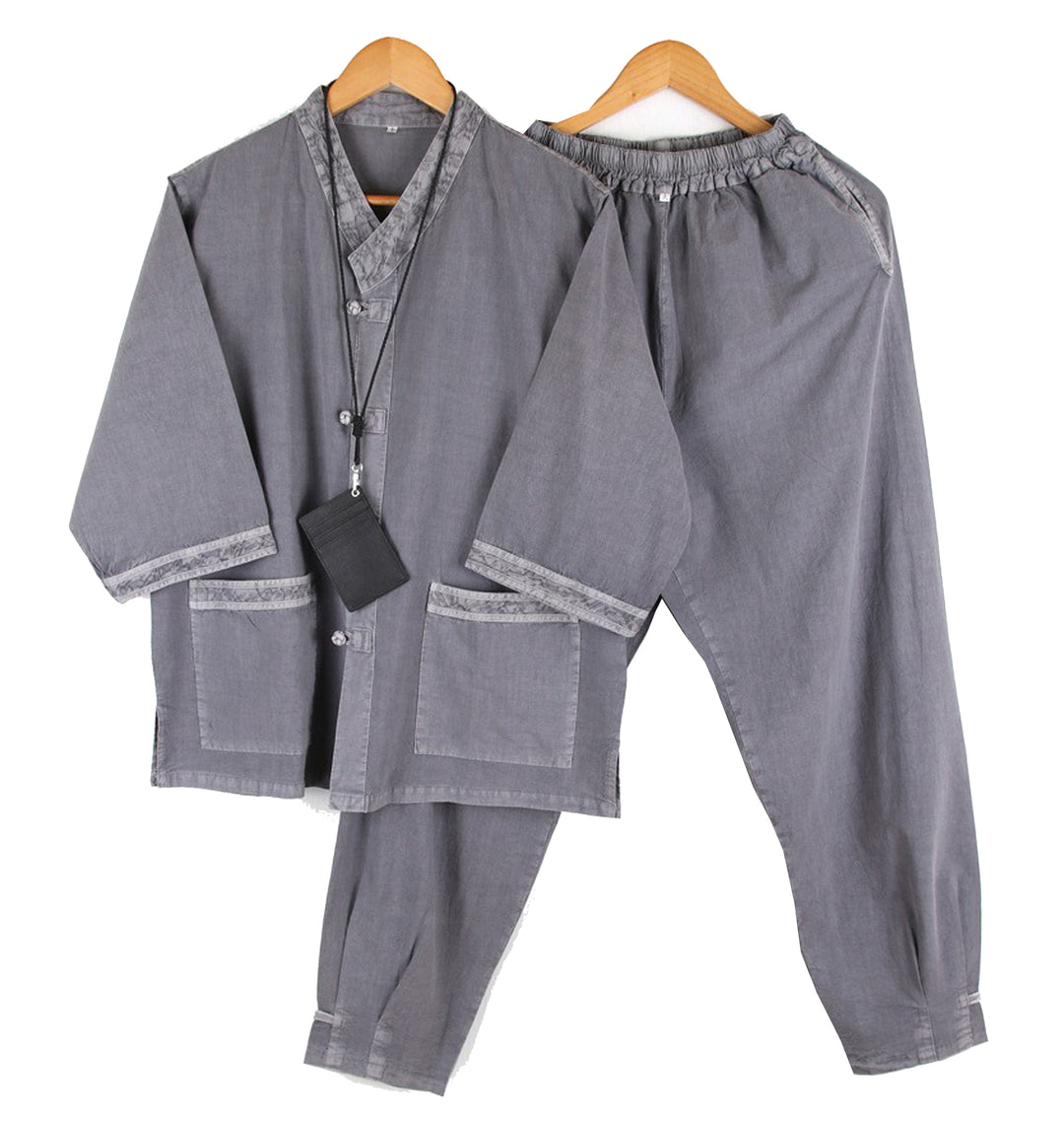 Korean Hanbok Washed Cotton Common Use Man Woman Casual Daily Clothing V Neck Open 3/4 Sleeve Jacket Pants Set JH108