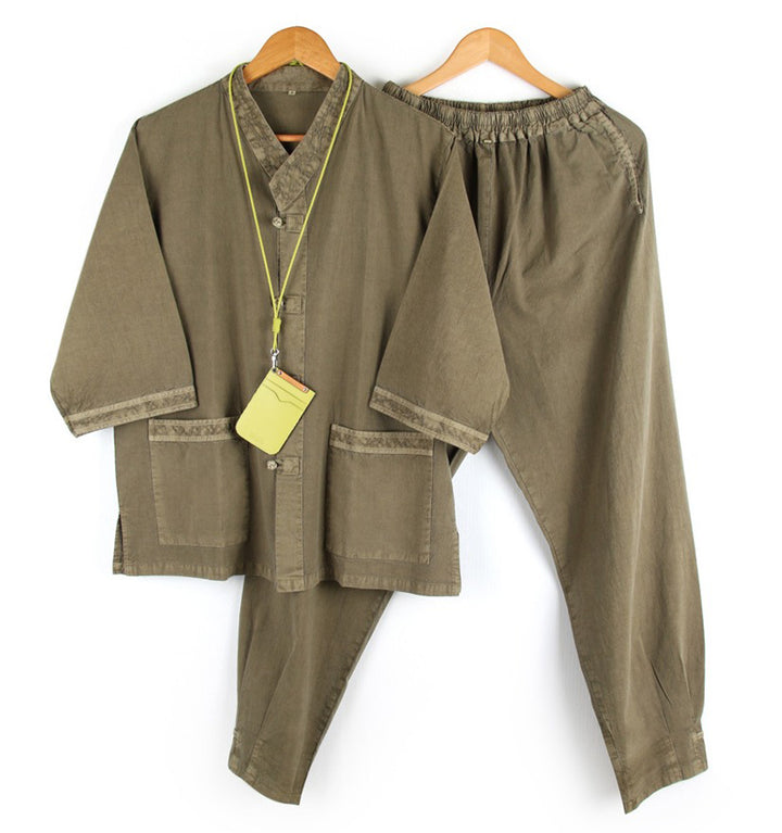 Korean Hanbok Washed Cotton Common Use Man Woman Casual Daily Clothing V Neck Open 3/4 Sleeve Jacket Pants Set JH108