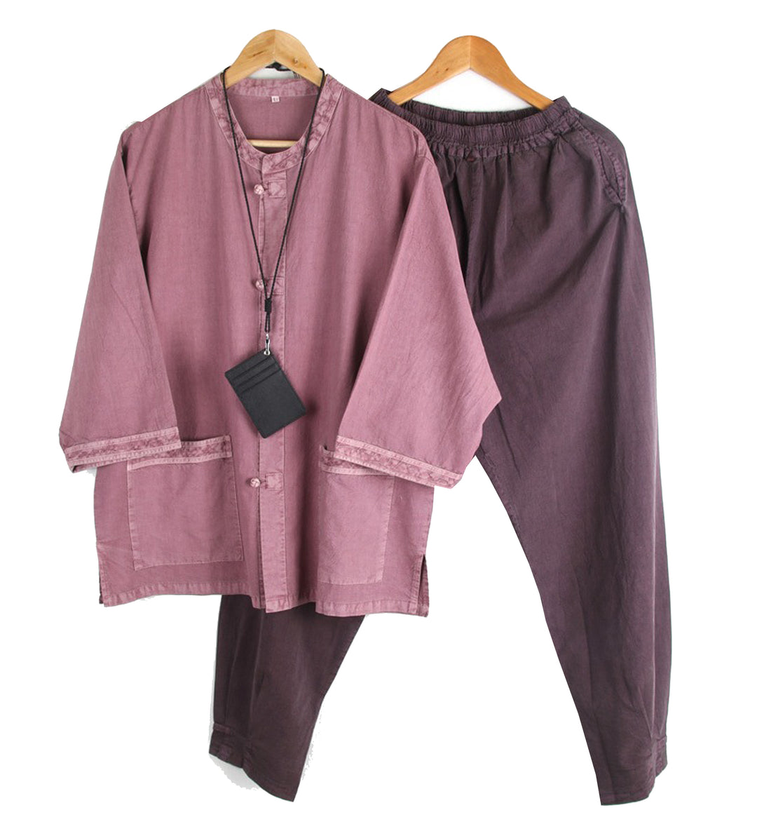 Korean Hanbok Washed Cotton Common Use Man Woman Casual Daily Clothing V Neck Open 3/4 Sleeve Jacket Pants Set JH109