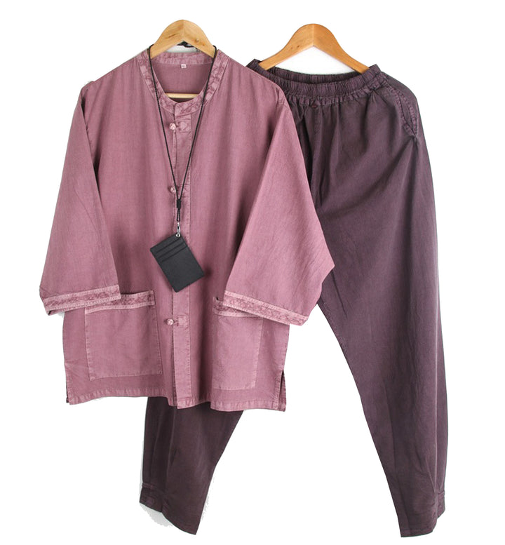 Korean Hanbok Washed Cotton Common Use Man Woman Casual Daily Clothing V Neck Open 3/4 Sleeve Jacket Pants Set JH109