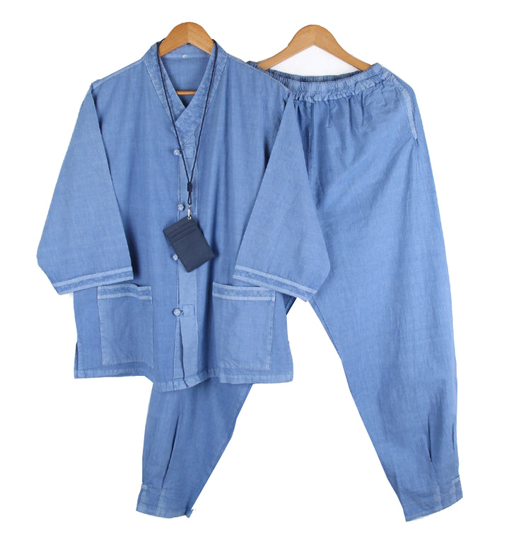 Korean Hanbok Washed Cotton Common Use Man Woman Casual Daily Clothing V Neck Open 3/4 Sleeve Jacket Pants Set JH108