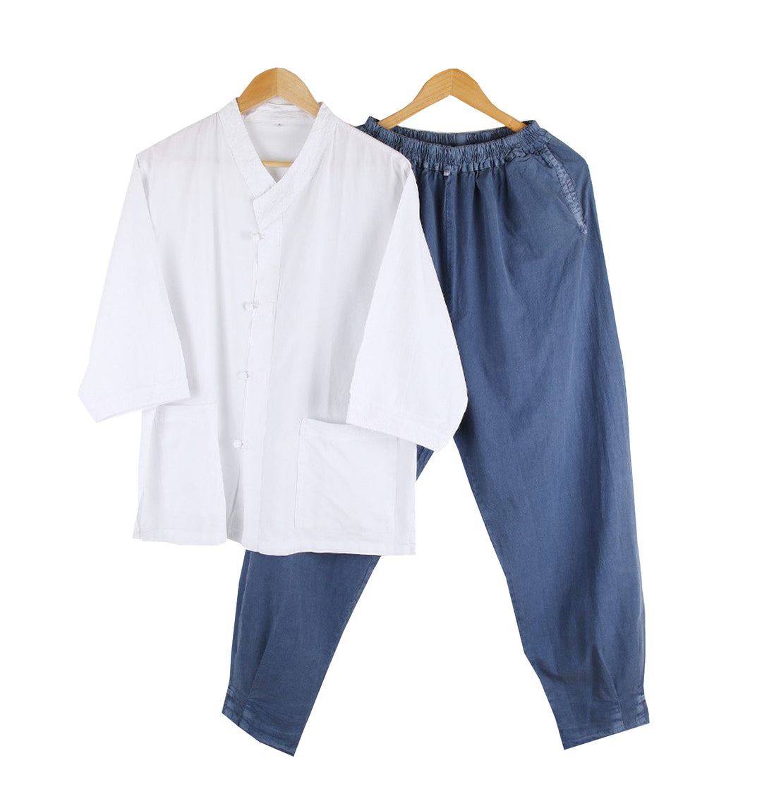 Korean Hanbok Washed Cotton Common Use Man Woman Casual Daily Clothing V Neck Open 3/4 Sleeve Jacket Pants Set JH109