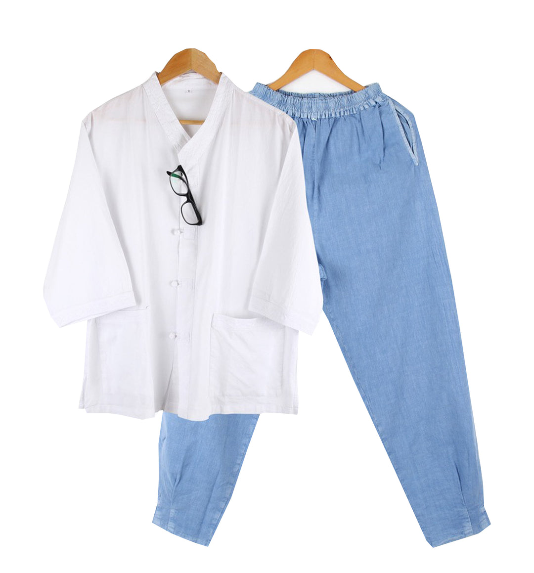 Korean Hanbok Washed Cotton Common Use Man Woman Casual Daily Clothing V Neck Open 3/4 Sleeve Jacket Pants Set JH109